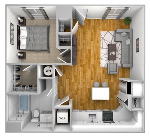 a 3d drawing of a floor plan with a bedroom and living room